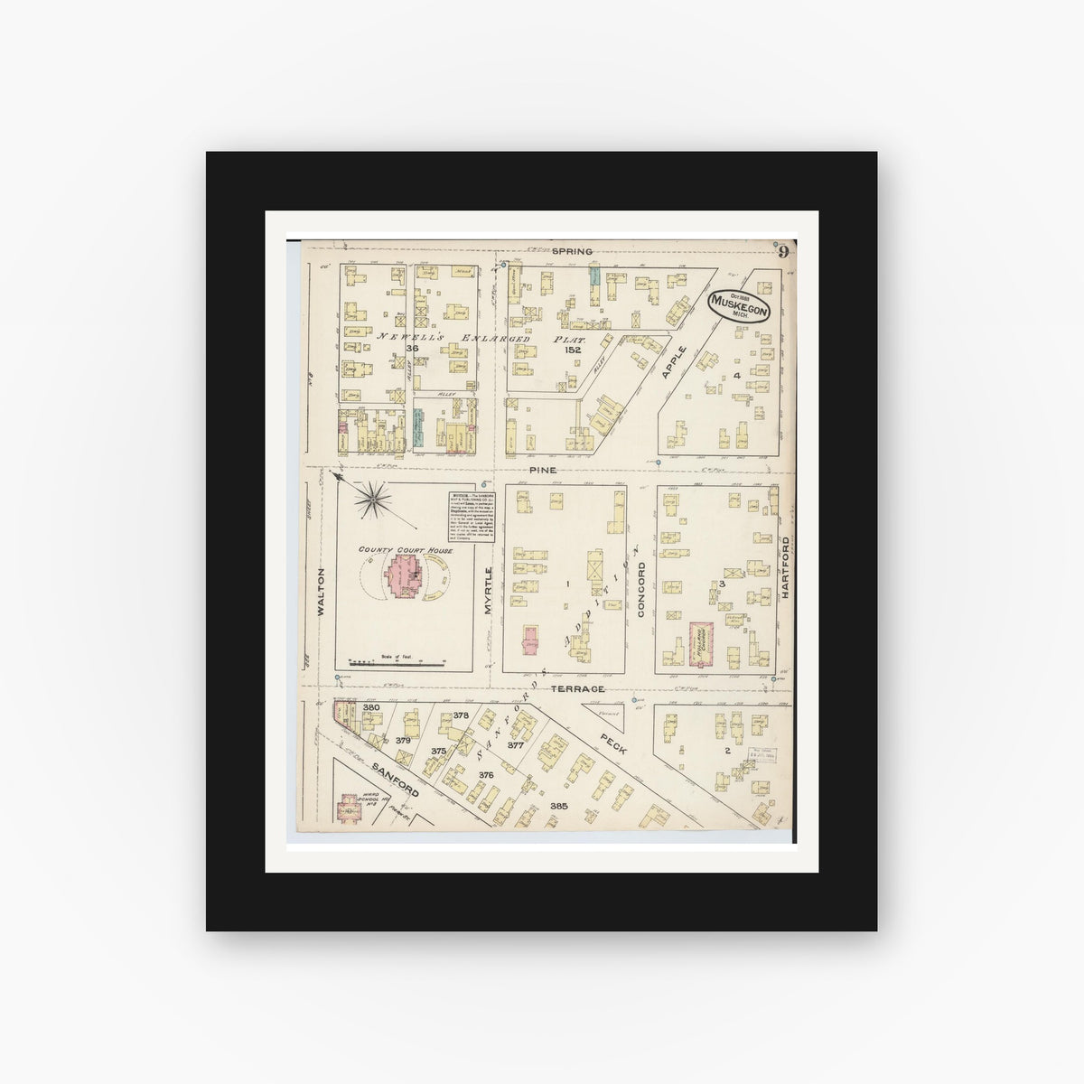 Old map wall art mockup — black gallery frame with white mat — Sanborn Fire Insurance Map from Muskegon, Muskegon County, Michigan (1883), Sheet #0009