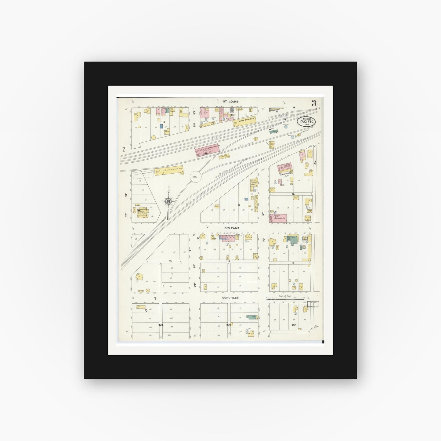 Old map wall art mockup — black gallery frame with white mat — Sanborn Fire Insurance Map from Pacific, Franklin County, Missouri (1909), Sheet #0003