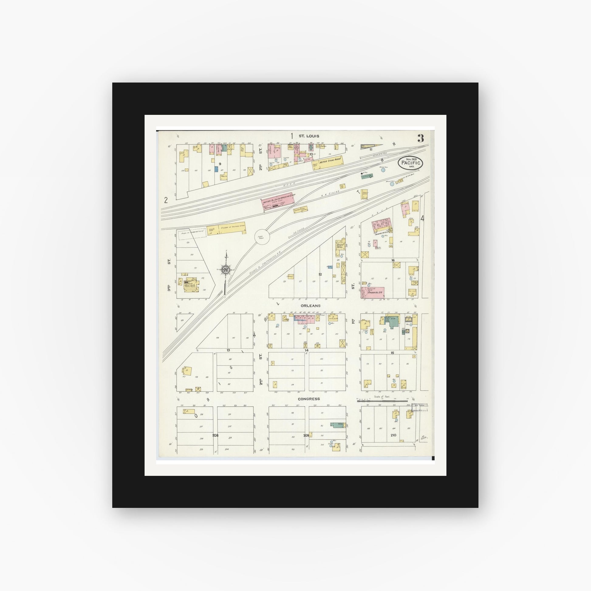 Old map wall art mockup — black gallery frame with white mat — Sanborn Fire Insurance Map from Pacific, Franklin County, Missouri (1909), Sheet #0003
