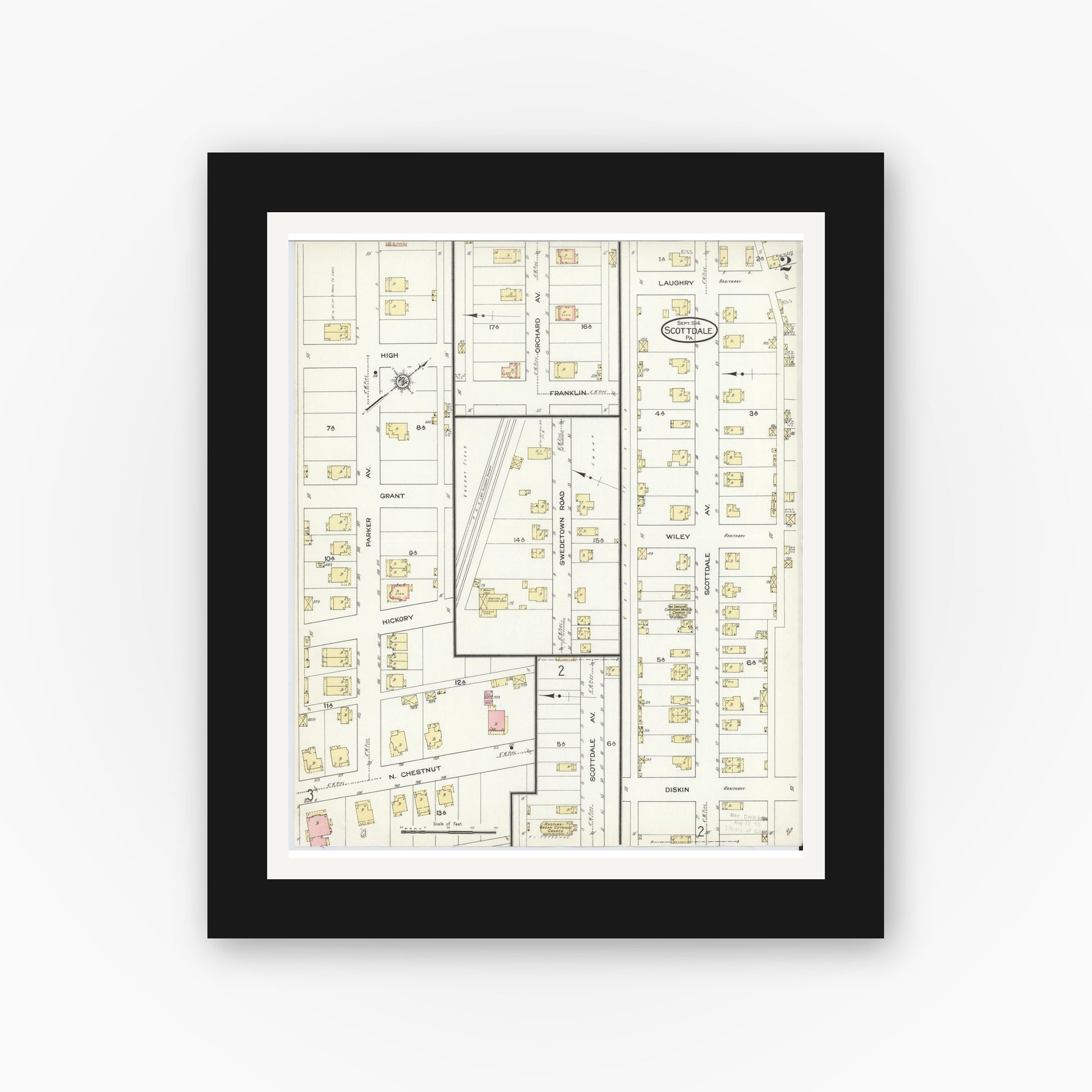Old map wall art mockup — black gallery frame with white mat — Sanborn Fire Insurance Map from Scottdale, Westmoreland County, Pennsylvania (1914), Sheet #0002