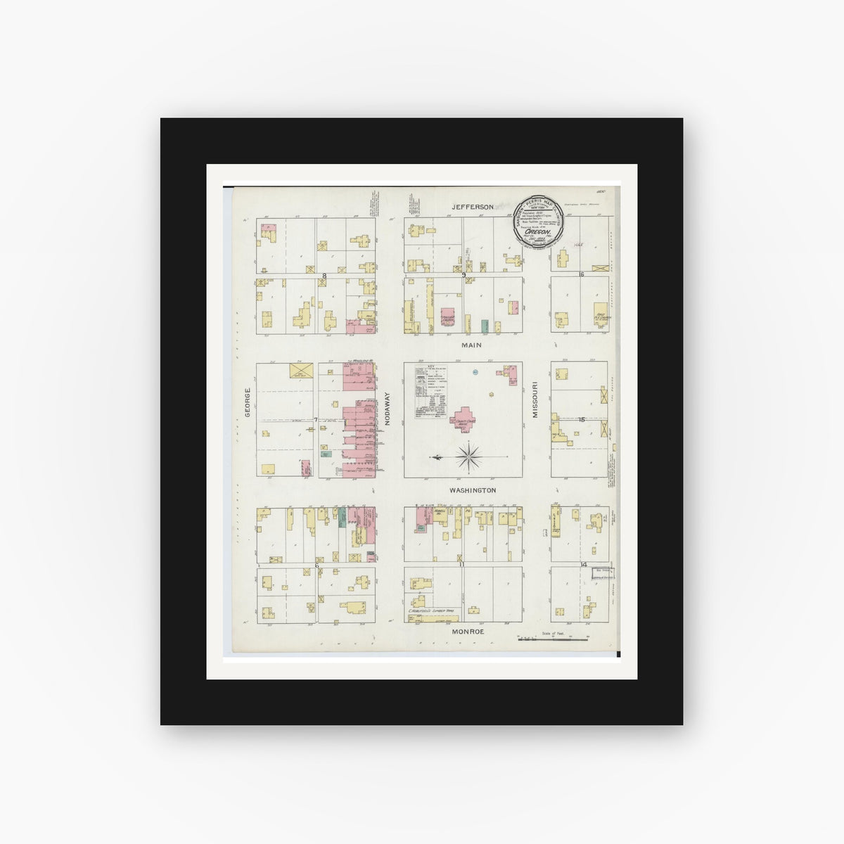 Old map wall art mockup — black gallery frame with white mat — Sanborn Fire Insurance Map from Oregon, Holt County, Missouri (1893), Sheet #0001