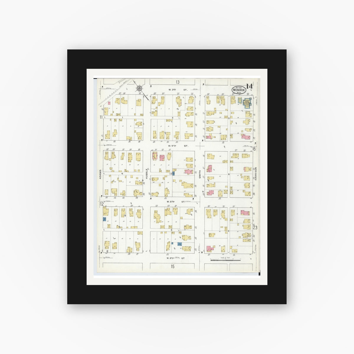 Old map wall art mockup — black gallery frame with white mat — Sanborn Fire Insurance Map from Monroe, Monroe County, Michigan (1916), Sheet #0014