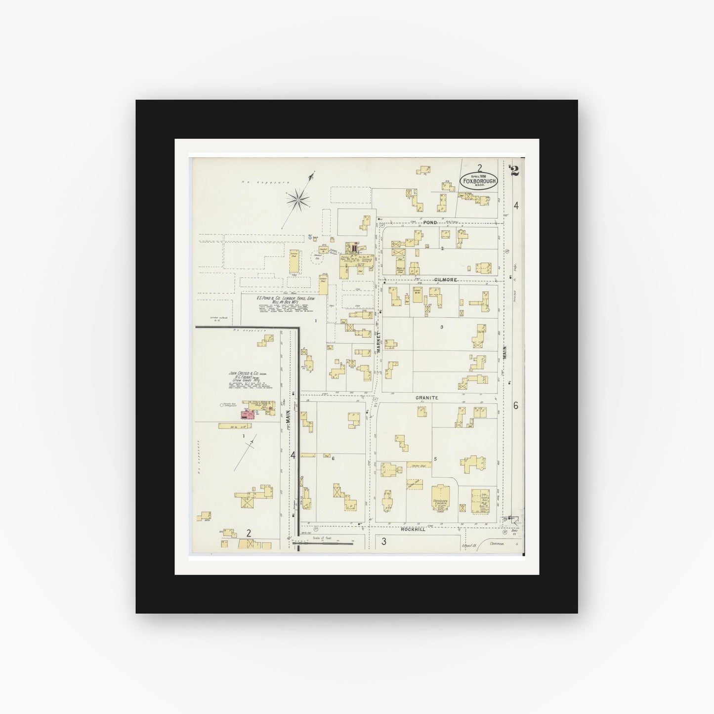 Old map wall art mockup — black gallery frame with white mat — Sanborn Fire Insurance Map from Foxboro, Norfolk County, Massachusetts (1898), Sheet #0002