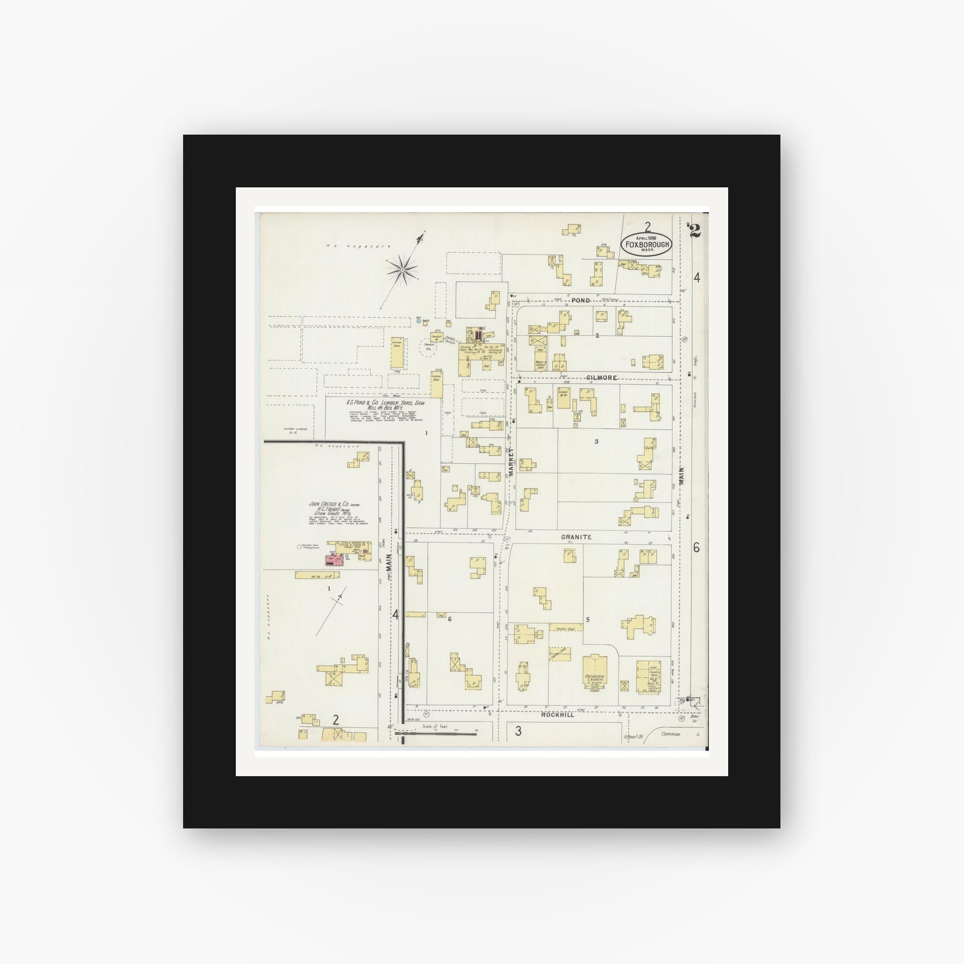 Old map wall art mockup — black gallery frame with white mat — Sanborn Fire Insurance Map from Foxboro, Norfolk County, Massachusetts (1898), Sheet #0002