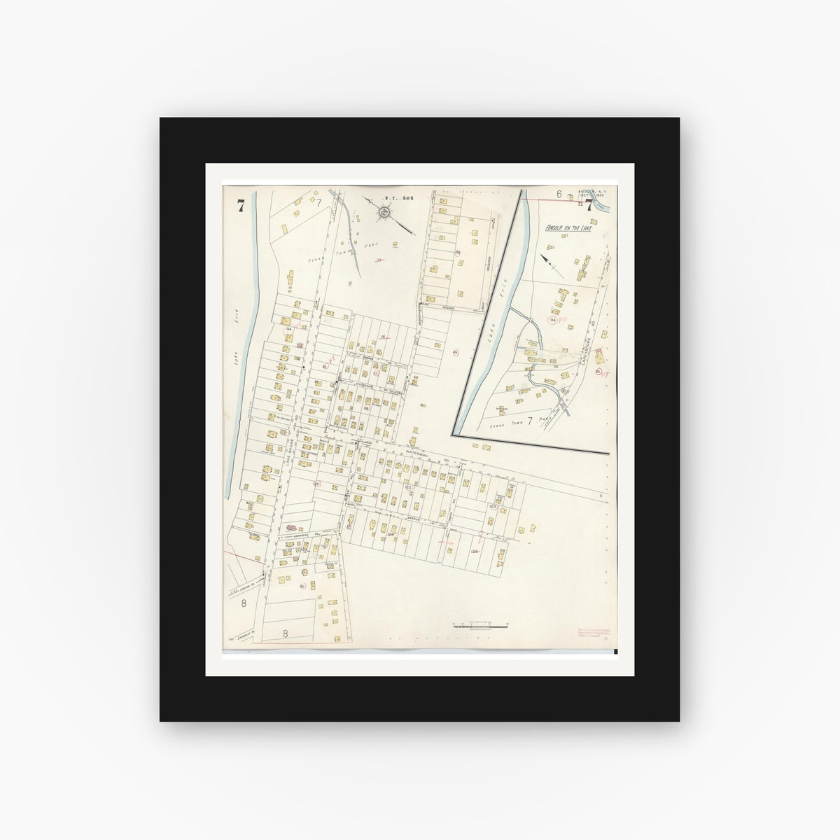 Old map wall art mockup — black gallery frame with white mat — Sanborn Fire Insurance Map from Angola, Erie County, New York (1944), Sheet #0007