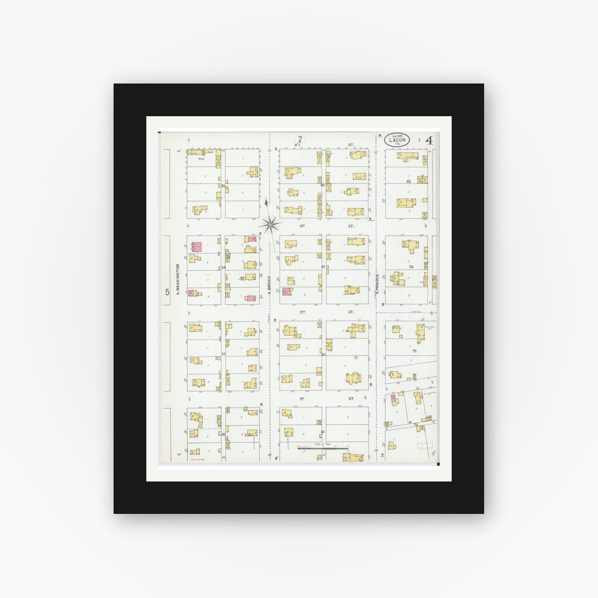 Old map wall art mockup — black gallery frame with white mat — Sanborn Fire Insurance Map from Lacon, Marshall County, Illinois (1899), Sheet #0004