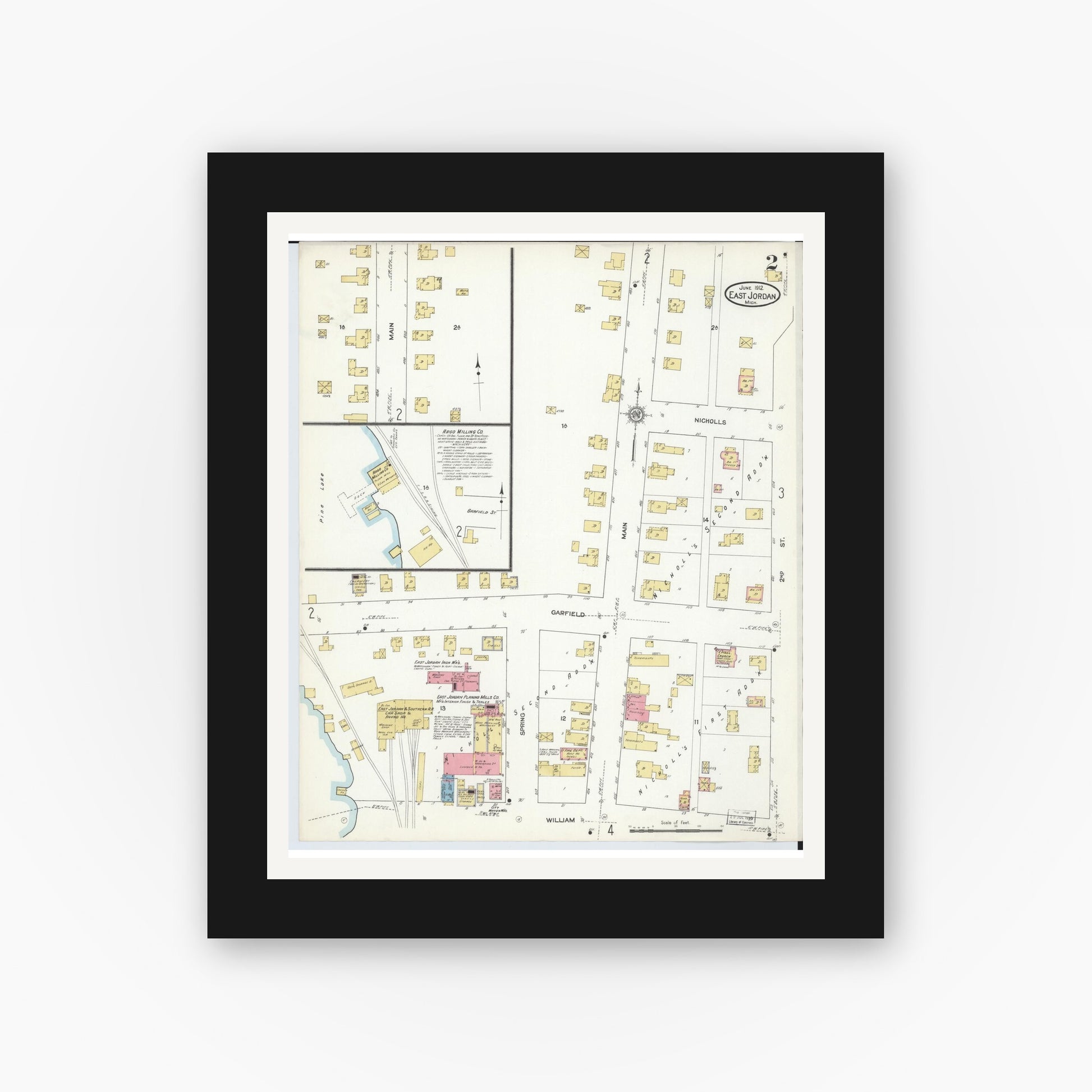 Old map wall art mockup — black gallery frame with white mat — Sanborn Fire Insurance Map from East Jordan, Charlevoix County, Michigan (1912), Sheet #0002
