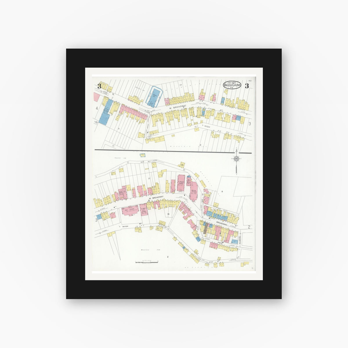 Old map wall art mockup — black gallery frame with white mat — Sanborn Fire Insurance Map from Mauch Chunk, Carbon County, Pennsylvania (1930), Sheet #0003