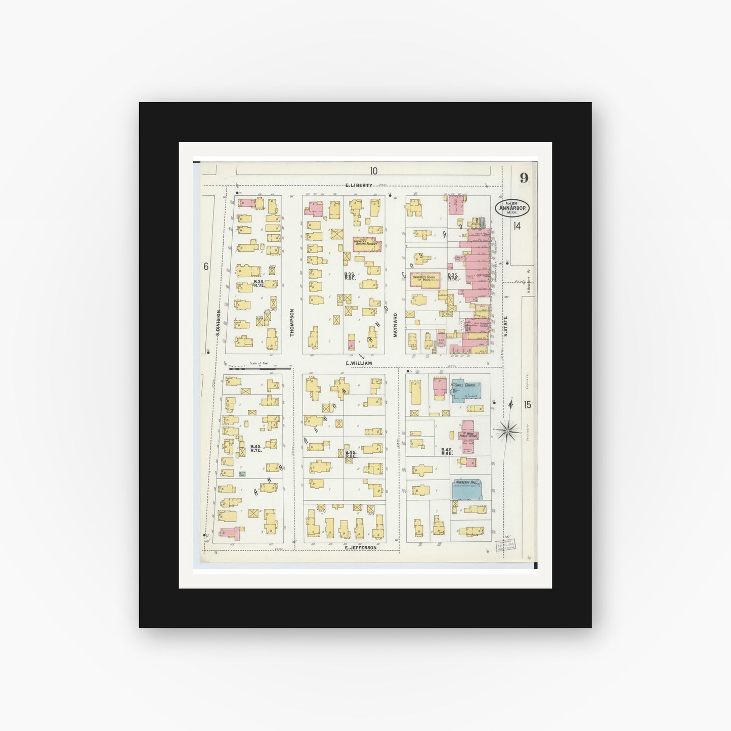 Old map wall art mockup — black gallery frame with white mat — Sanborn Fire Insurance Map from Ann Arbor, Washtenaw County, Michigan (1899), Sheet #0009