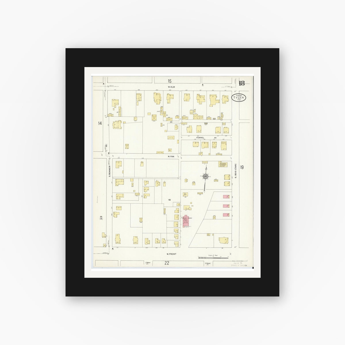 Old map wall art mockup — black gallery frame with white mat — Sanborn Fire Insurance Map from Tyler, Smith County, Texas (1912), Sheet #0018