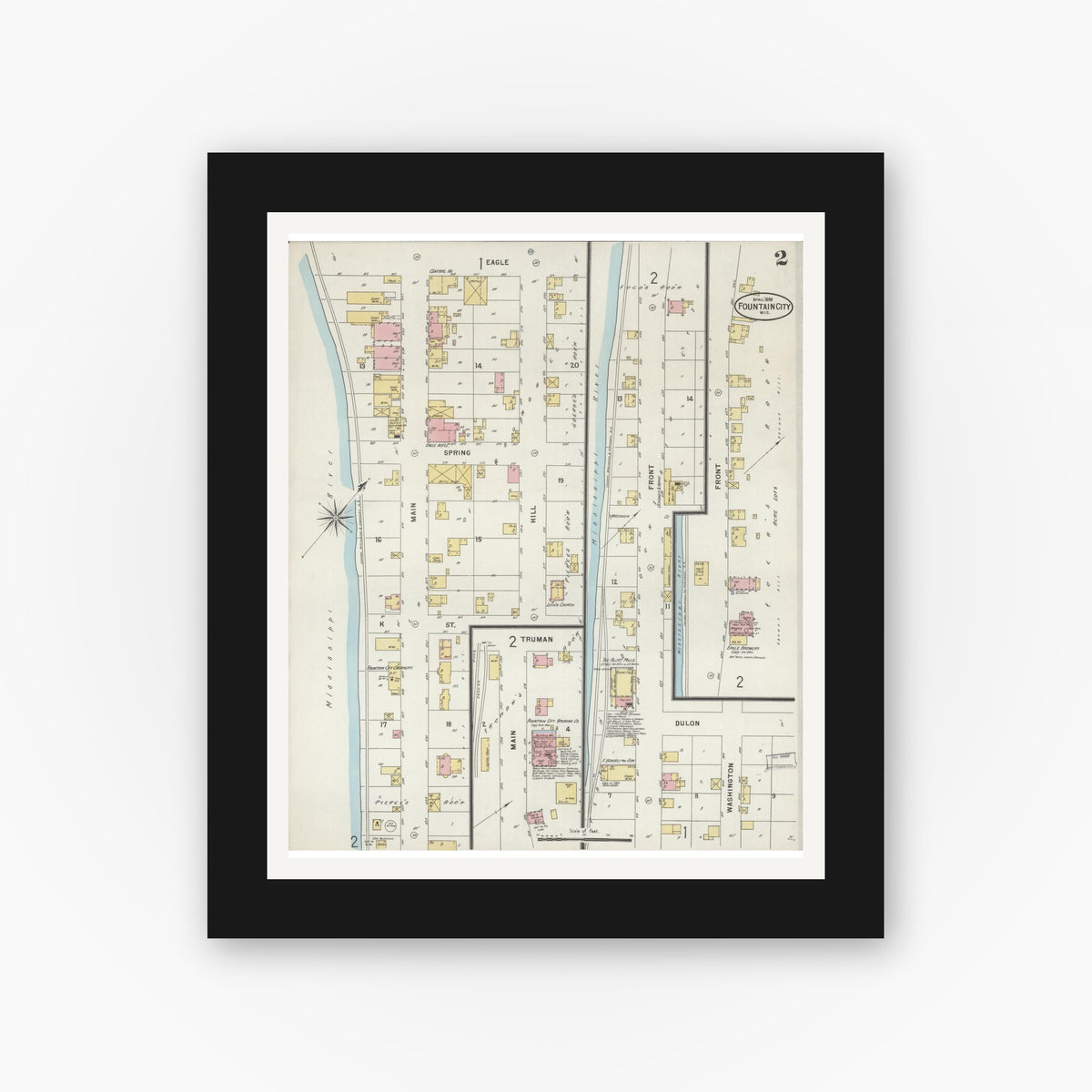 Old map wall art mockup — black gallery frame with white mat — Sanborn Fire Insurance Map from Fountain City, Buffalo County, Wisconsin (1898), Sheet #0002
