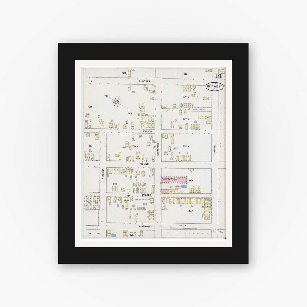 Old map wall art mockup — black gallery frame with white mat — Sanborn Fire Insurance Map from Key West, Monroe County, Florida (1889), Sheet #0014