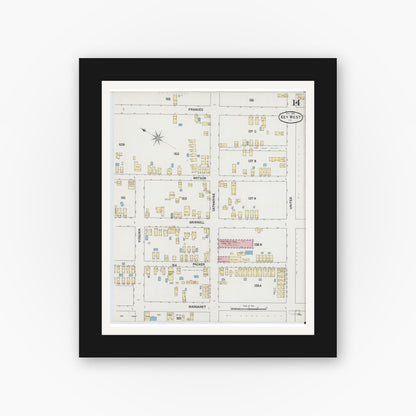 Old map wall art mockup — black gallery frame with white mat — Sanborn Fire Insurance Map from Key West, Monroe County, Florida (1889), Sheet #0014