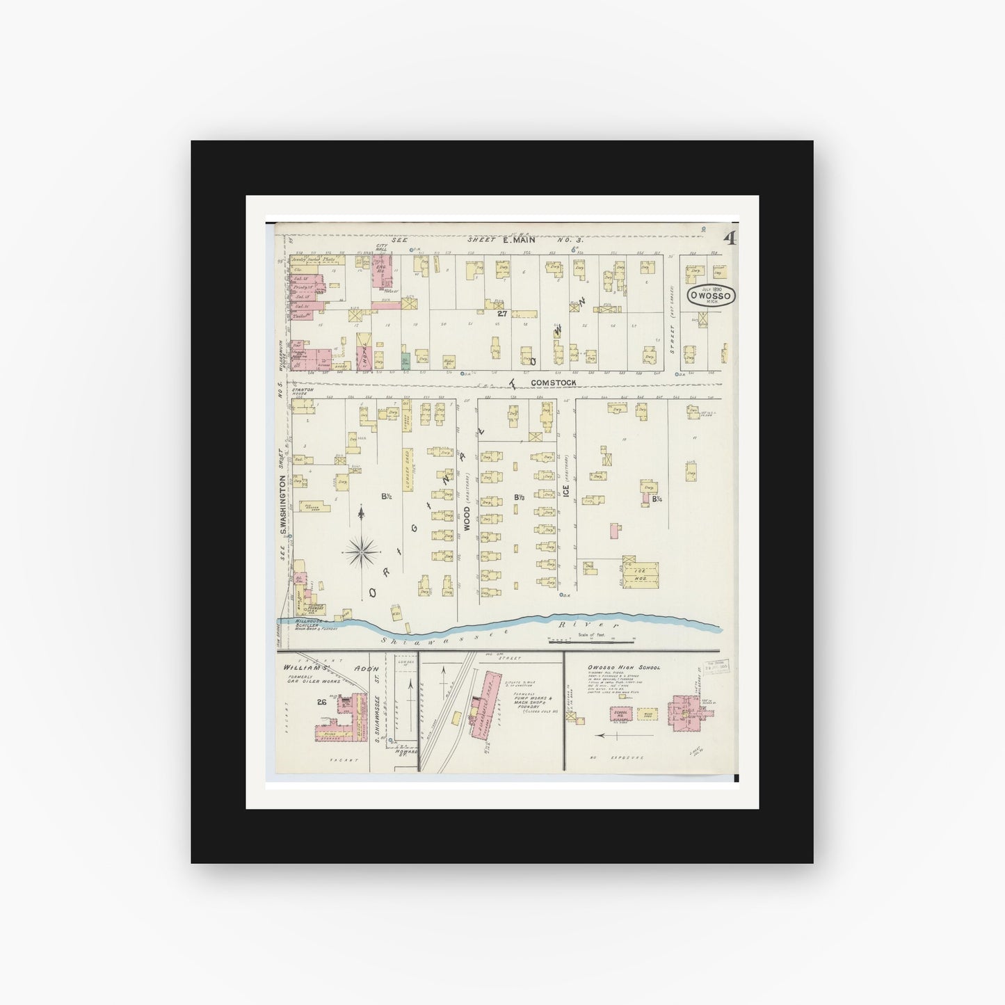 Old map wall art mockup — black gallery frame with white mat — Sanborn Fire Insurance Map from Owosso, Shiawassee County, Michigan (1890), Sheet #0004