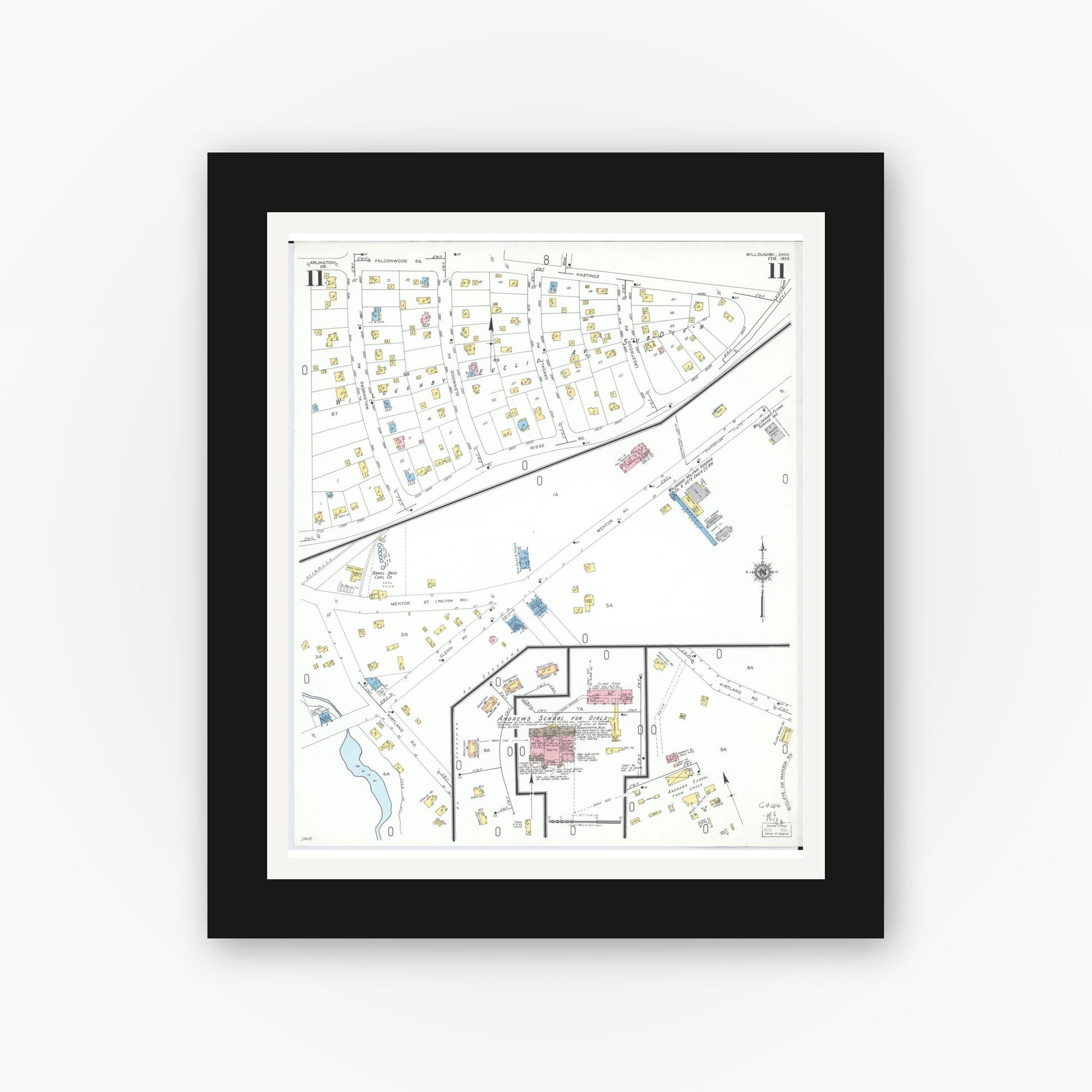Old map wall art mockup — black gallery frame with white mat — Sanborn Fire Insurance Map from Willoughby, Lake County, Ohio (1952), Sheet #0011