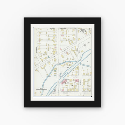 Old map wall art mockup — black gallery frame with white mat — Sanborn Fire Insurance Map from Troy, Miami County, Ohio (1892), Sheet #0002