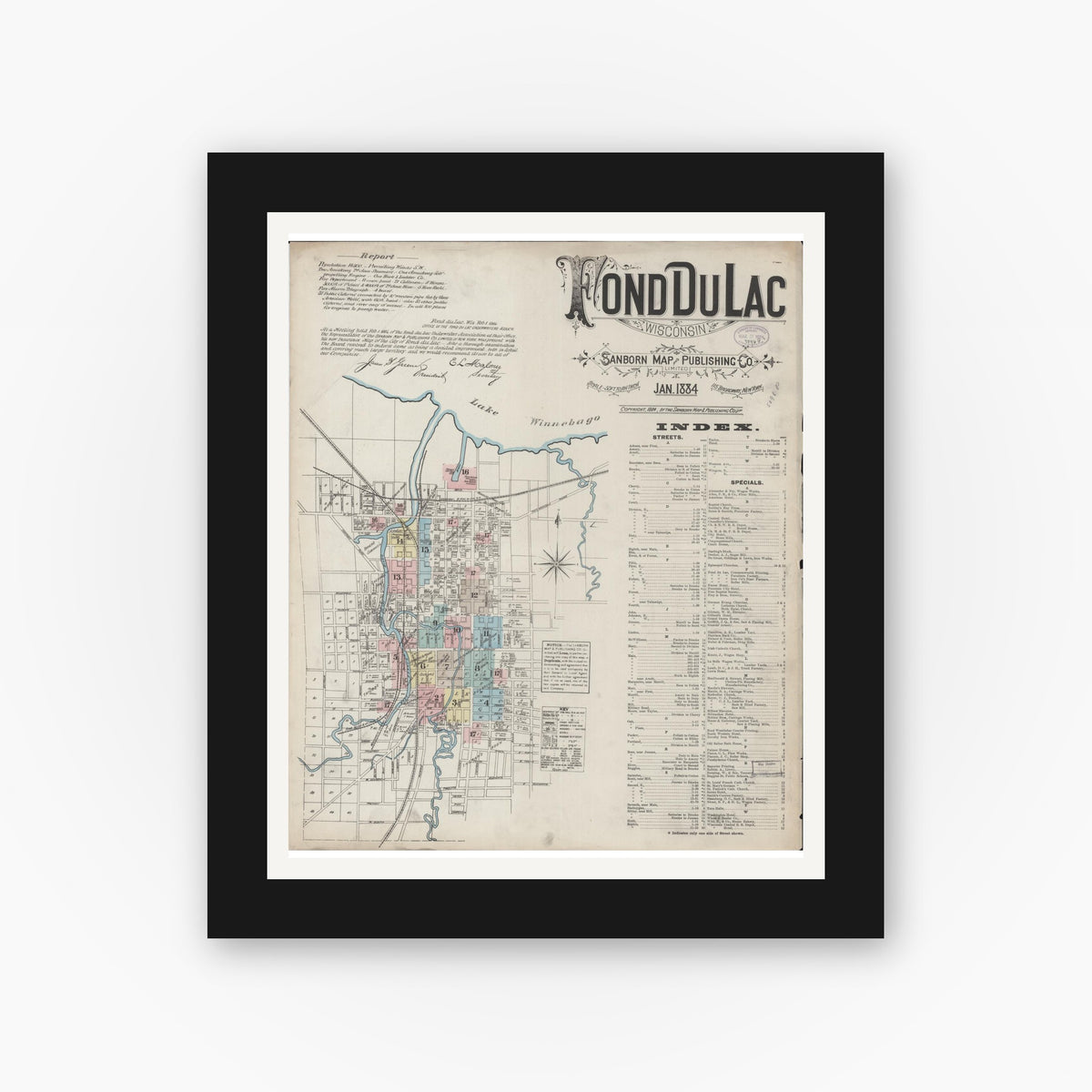 Old map wall art mockup — black gallery frame with white mat — Sanborn Fire Insurance Map from Fond du Lac, Fond du Lac County, Wisconsin (1884), Sheet #0001