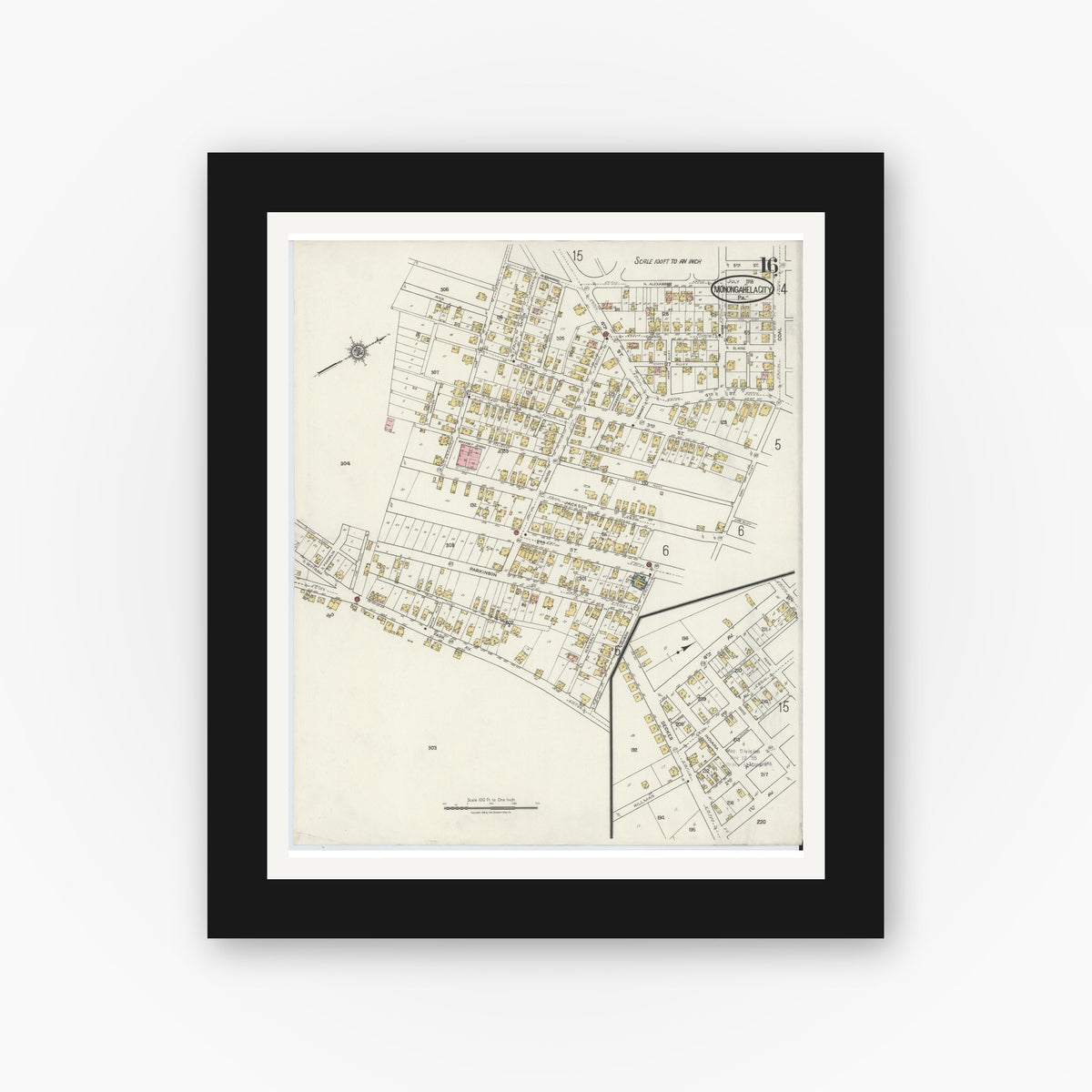 Old map wall art mockup — black gallery frame with white mat — Sanborn Fire Insurance Map from Monongahela City, Washington County, Pennsylvania (1918), Sheet #0016