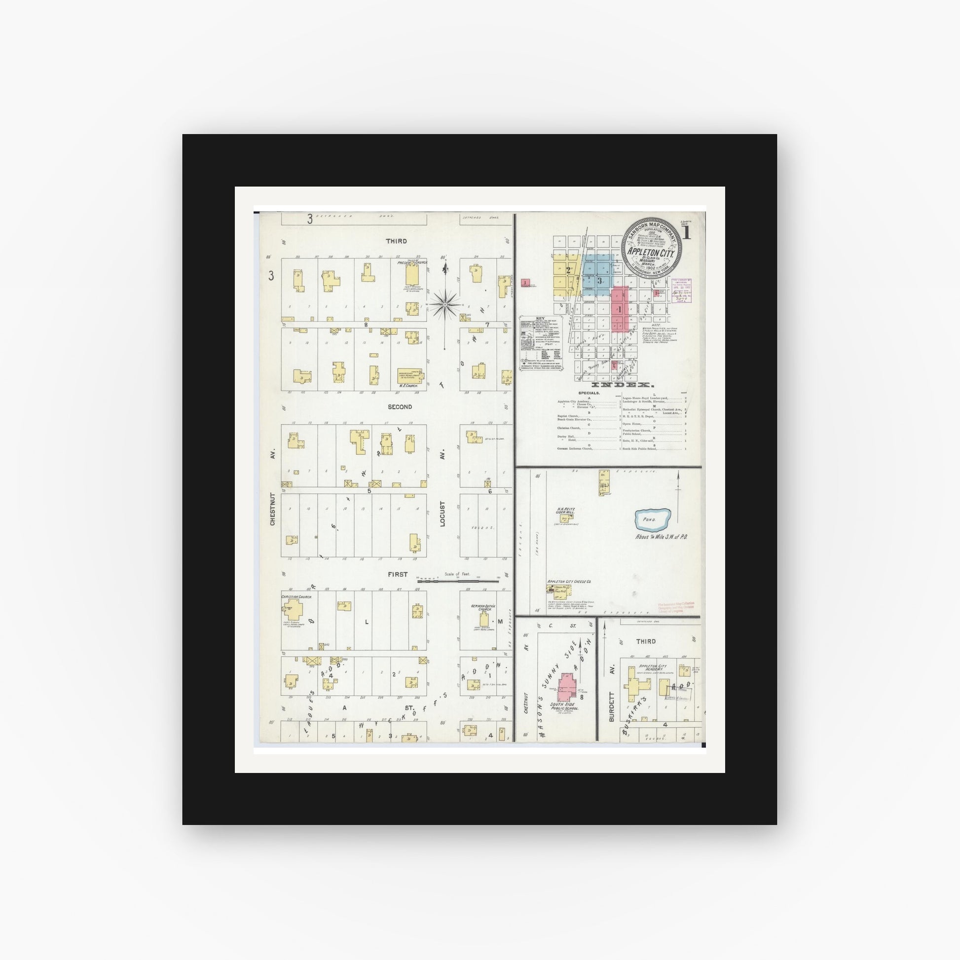 Old map wall art mockup — black gallery frame with white mat — Sanborn Fire Insurance Map from Appleton City, Saint Clair County, Missouri (1902) - Complete Map Set