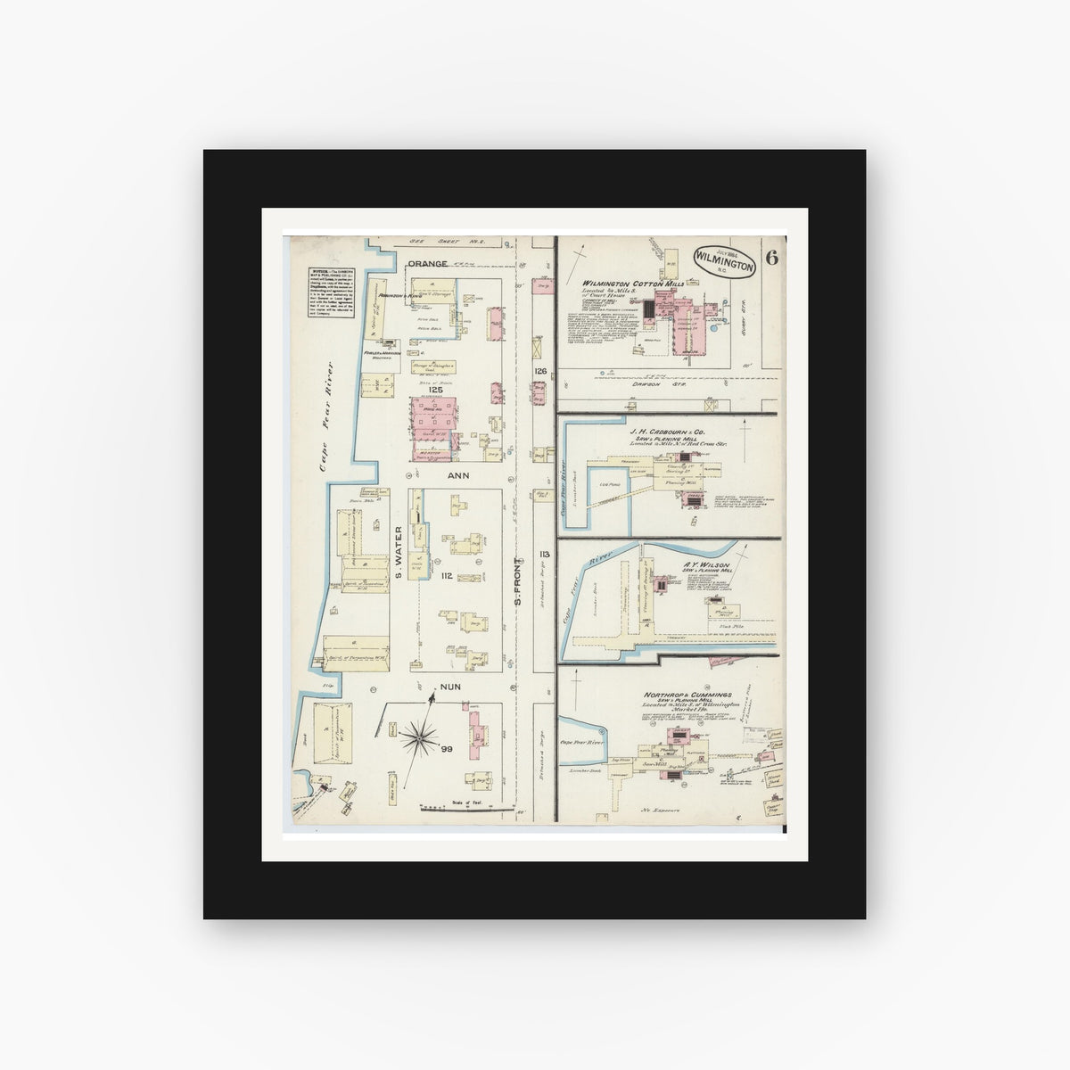 Old map wall art mockup — black gallery frame with white mat — Sanborn Fire Insurance Map from Wilmington, New Hanover County, North Carolina (1884), Sheet #0006
