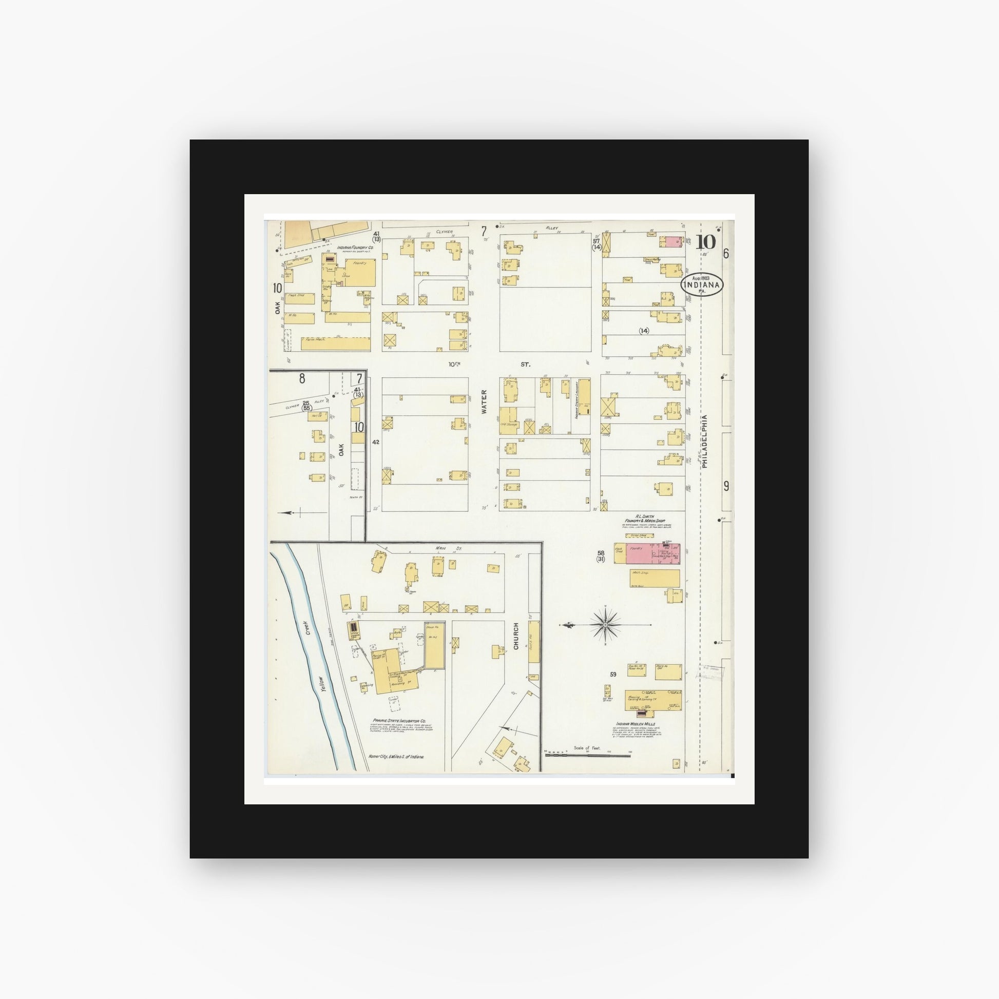 Old map wall art mockup — black gallery frame with white mat — Sanborn Fire Insurance Map from Indiana, Indiana County, Pennsylvania (1903), Sheet #0010