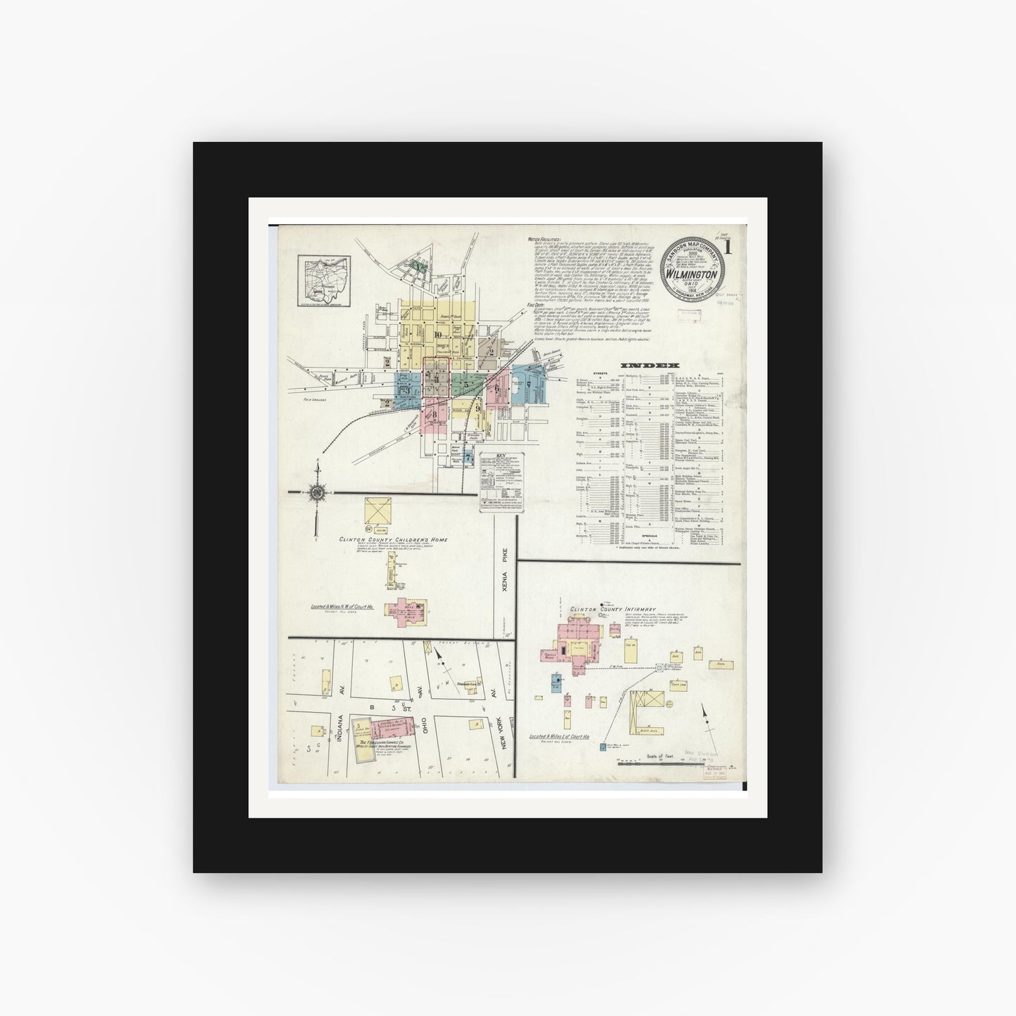 Old map wall art mockup — black gallery frame with white mat — Sanborn Fire Insurance Map from Wilmington, Clinton County, Ohio (1914), Sheet #0001