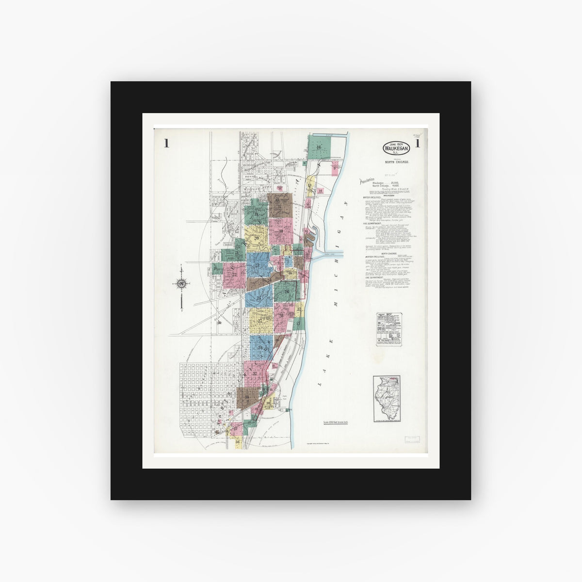 Old map wall art mockup — black gallery frame with white mat — Sanborn Fire Insurance Map from Waukegan, Lake County, Illinois (1924) - Complete Map Set