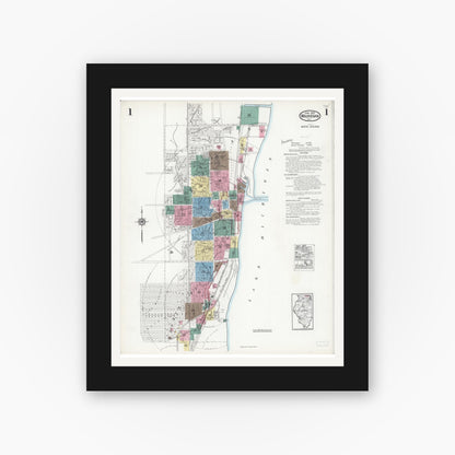 Old map wall art mockup — black gallery frame with white mat — Sanborn Fire Insurance Map from Waukegan, Lake County, Illinois (1924) - Complete Map Set