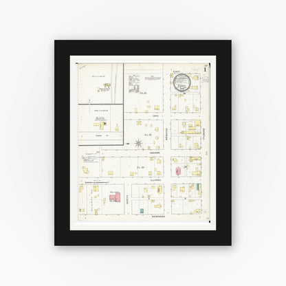 Old map wall art mockup — black gallery frame with white mat — Sanborn Fire Insurance Map from Sidney, Fremont County, Iowa (1893) â€” Complete Set