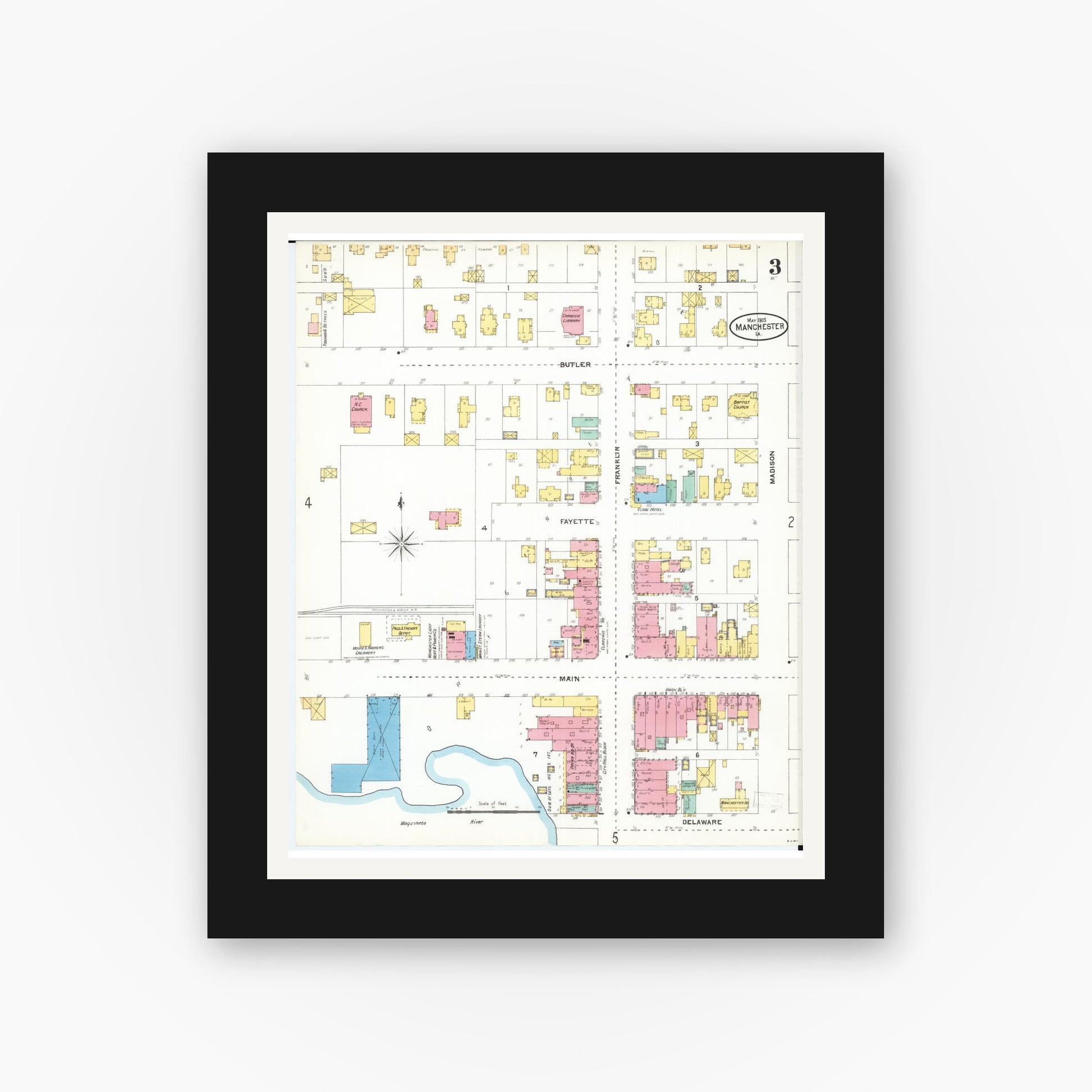 Old map wall art mockup — black gallery frame with white mat — Sanborn Fire Insurance Map from Manchester, Delaware County, Iowa (1905), Sheet #0003