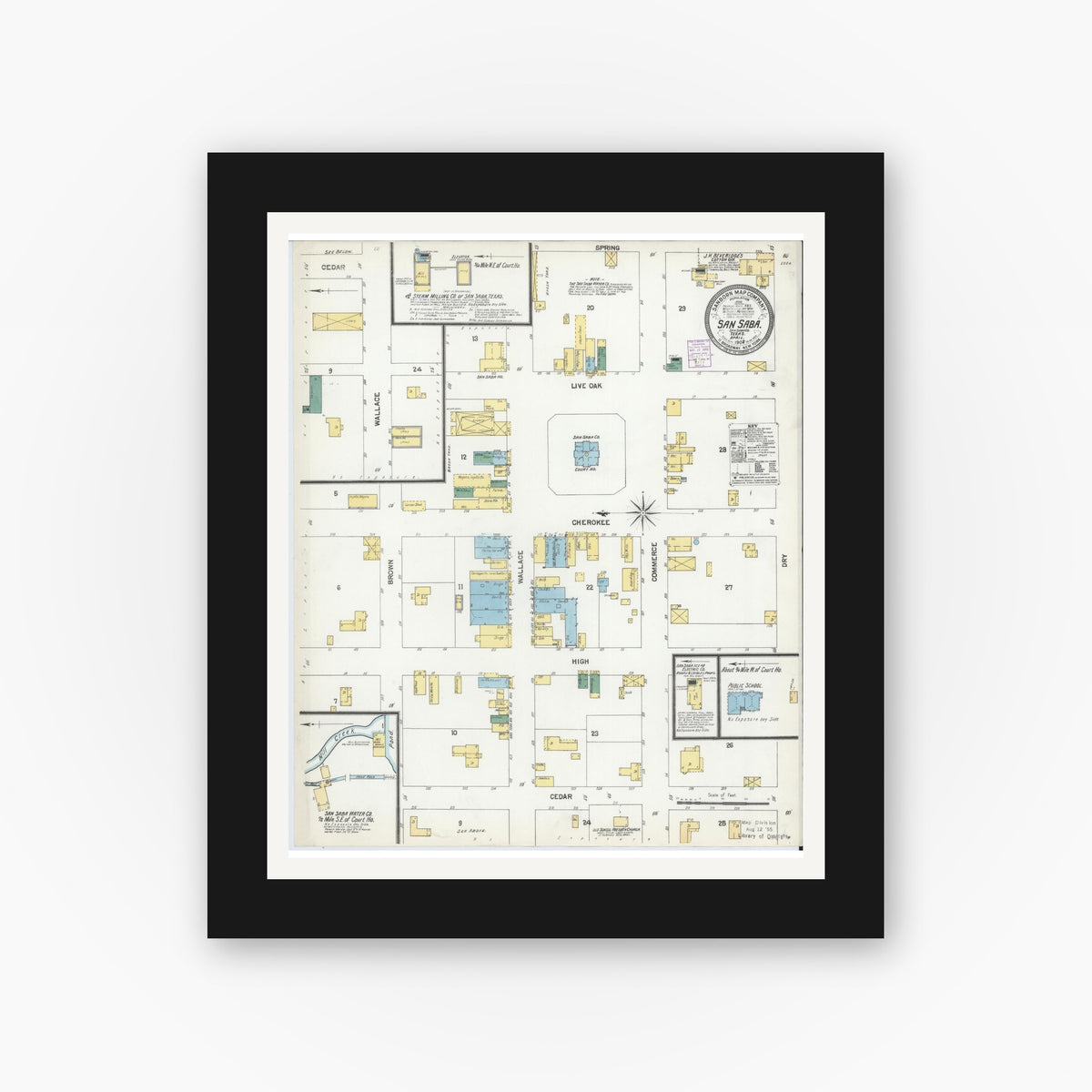 Old map wall art mockup — black gallery frame with white mat — Sanborn Fire Insurance Map from San Saba, San Saba County, Texas (1902), Sheet #0001