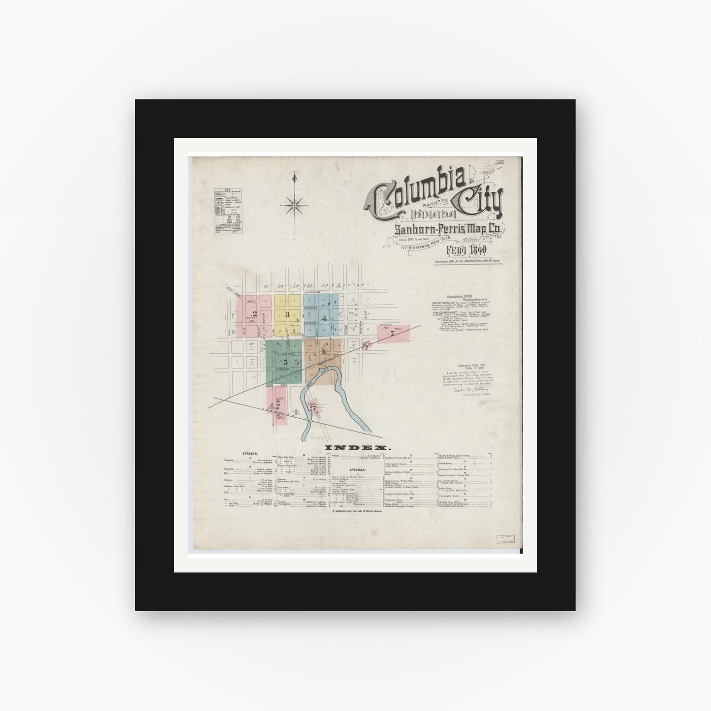 Old map wall art mockup — black gallery frame with white mat — Sanborn Fire Insurance Map from Columbia City, Whitley County, Indiana (1890) - Complete Map Set