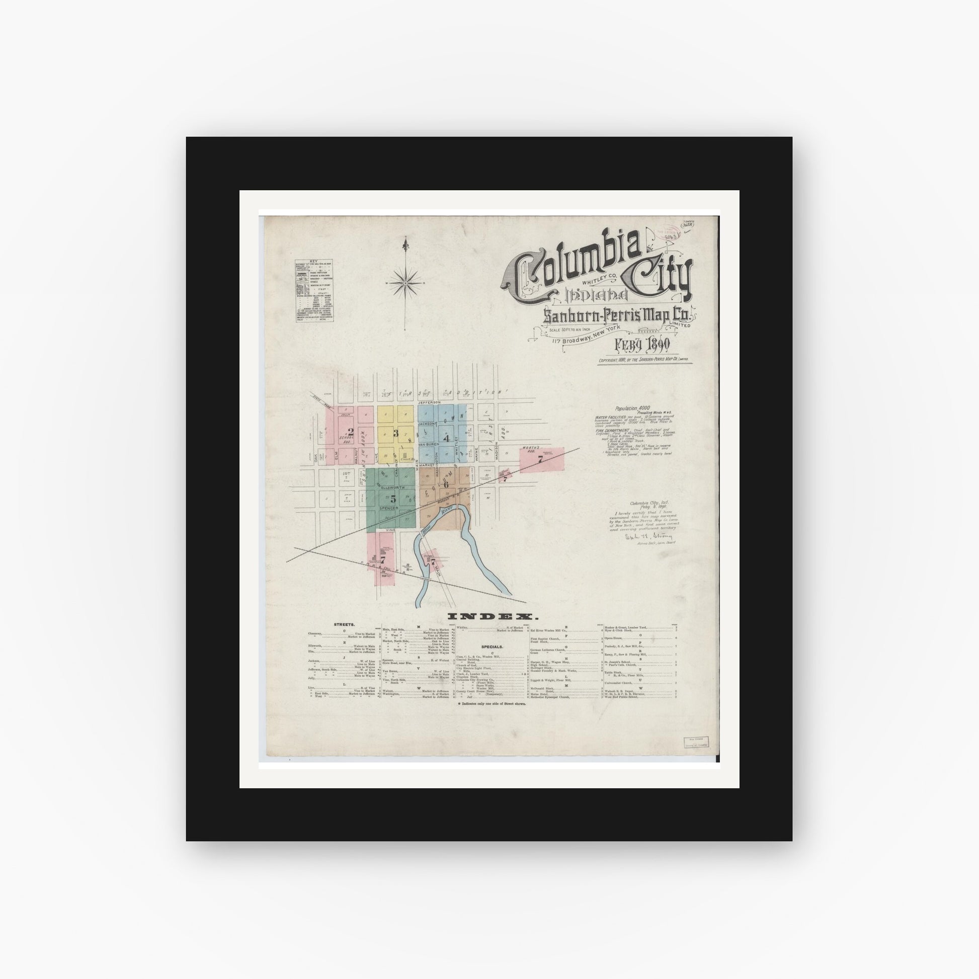 Old map wall art mockup — black gallery frame with white mat — Sanborn Fire Insurance Map from Columbia City, Whitley County, Indiana (1890) - Complete Map Set