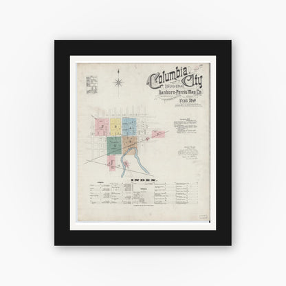 Old map wall art mockup — black gallery frame with white mat — Sanborn Fire Insurance Map from Columbia City, Whitley County, Indiana (1890) - Complete Map Set