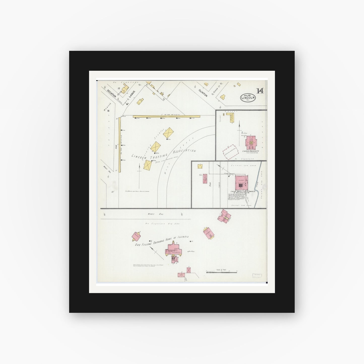 Old map wall art mockup — black gallery frame with white mat — Sanborn Fire Insurance Map from Lincoln, Logan County, Illinois (1902), Sheet #0014