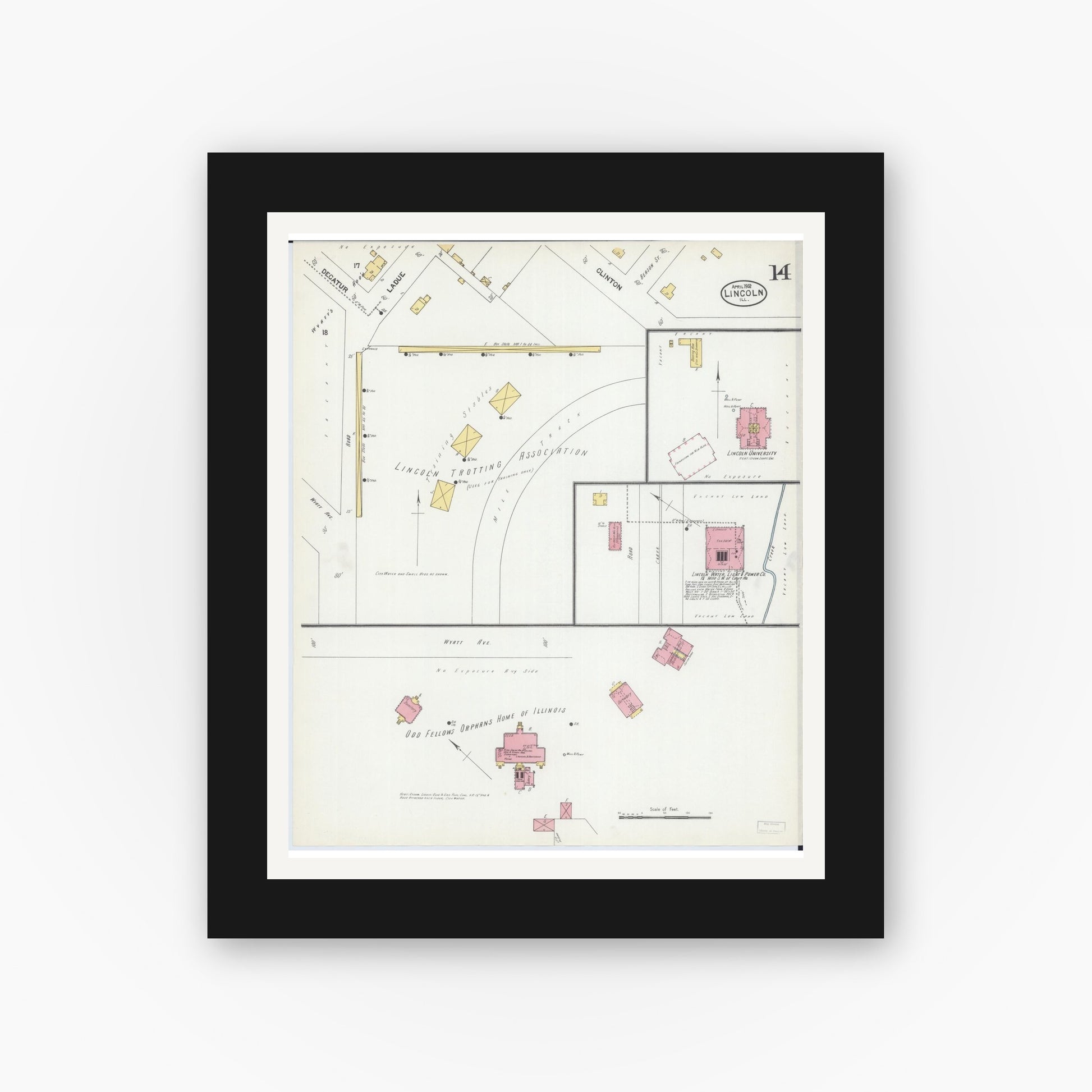 Old map wall art mockup — black gallery frame with white mat — Sanborn Fire Insurance Map from Lincoln, Logan County, Illinois (1902), Sheet #0014