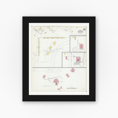 Old map wall art mockup — black gallery frame with white mat — Sanborn Fire Insurance Map from Lincoln, Logan County, Illinois (1902), Sheet #0014