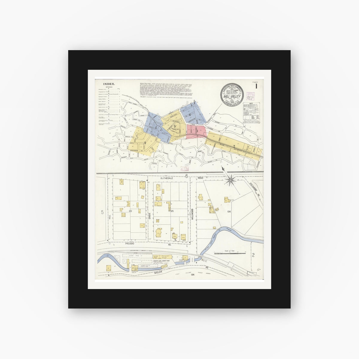 Old map wall art mockup — black gallery frame with white mat — Sanborn Fire Insurance Map from Mill Valley, Marin County, California (1908) - Complete Map Set