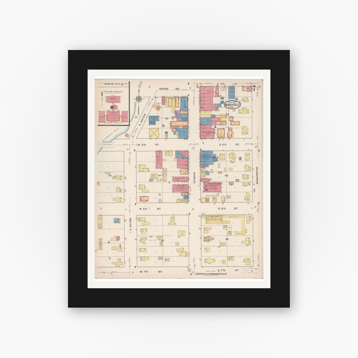 Old map wall art mockup — black gallery frame with white mat — Sanborn Fire Insurance Map from Northfield, Rice County, Minnesota (1922), Sheet #0007