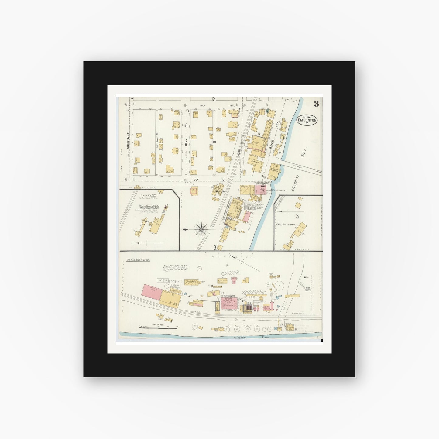 Old map wall art mockup — black gallery frame with white mat — Sanborn Fire Insurance Map from Emlenton, Venango County, Pennsylvania (1904), Sheet #0003