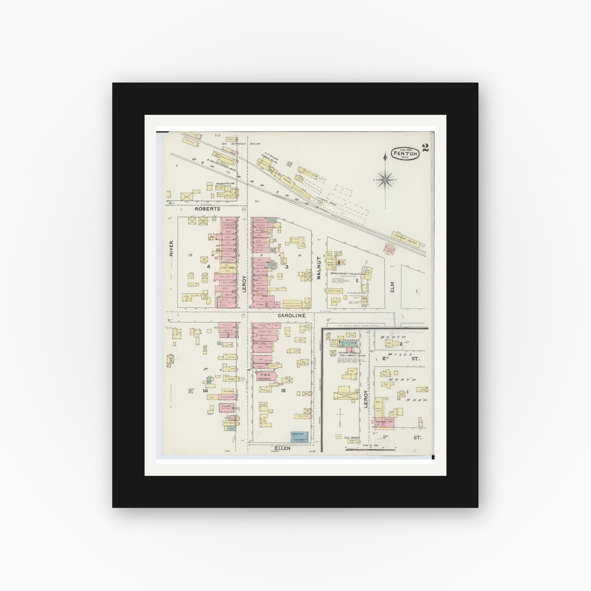Old map wall art mockup — black gallery frame with white mat — Sanborn Fire Insurance Map from Fenton, Genesee County, Michigan (1890), Sheet #0002