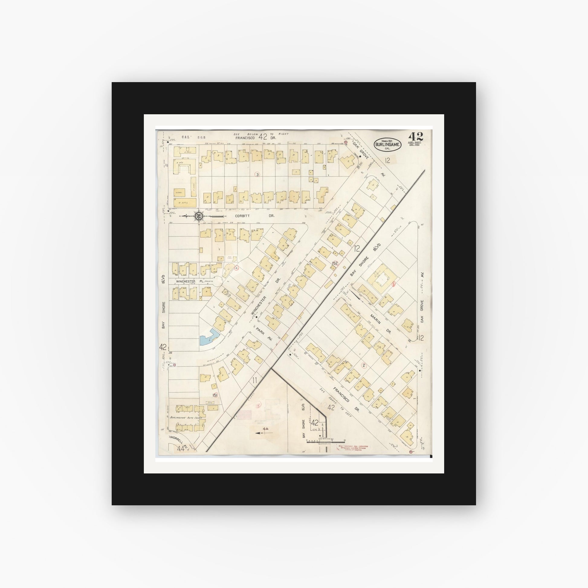 Old map wall art mockup — black gallery frame with white mat — Sanborn Fire Insurance Map from Burlingame, San Mateo County, California (1949), Sheet #0042