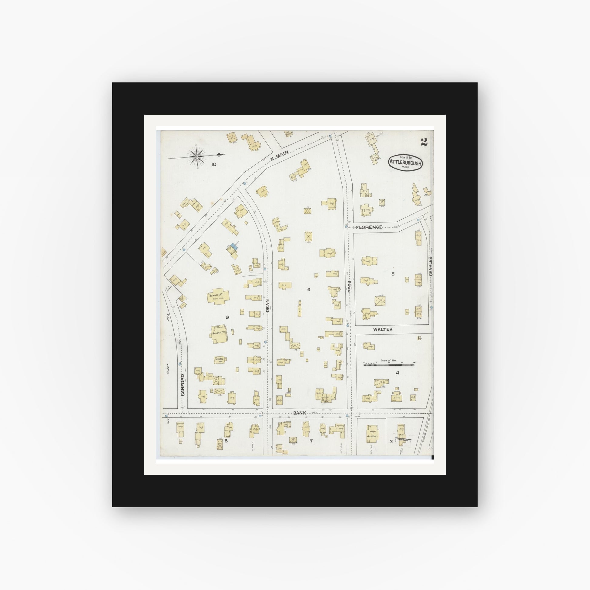 Old map wall art mockup — black gallery frame with white mat — Sanborn Fire Insurance Map from Attleboro, Bristol County, Massachusetts (1889), Sheet #0002