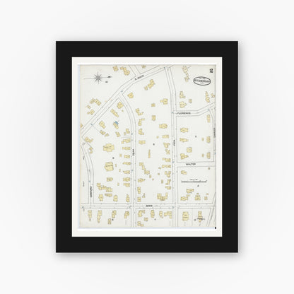 Old map wall art mockup — black gallery frame with white mat — Sanborn Fire Insurance Map from Attleboro, Bristol County, Massachusetts (1889), Sheet #0002