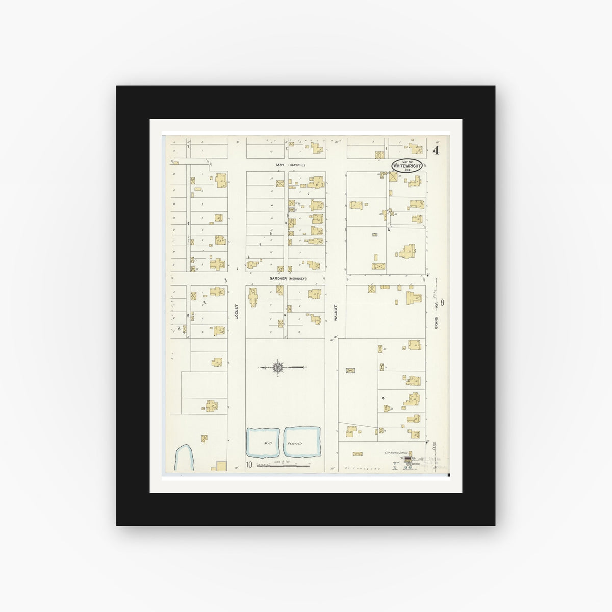 Old map wall art mockup — black gallery frame with white mat — Sanborn Fire Insurance Map from Whitewright, Grayson County, Texas (1912), Sheet #0004