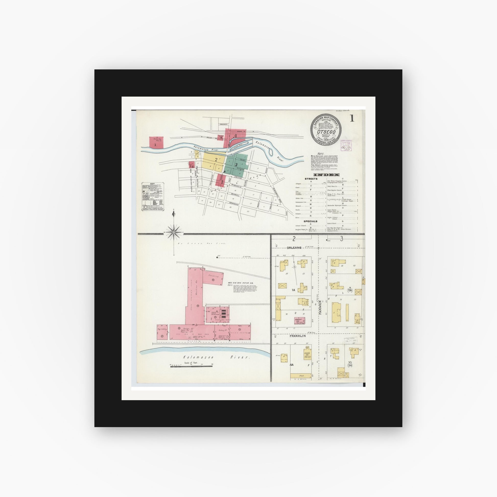 Old map wall art mockup — black gallery frame with white mat — Sanborn Fire Insurance Map from Otsego, Allegan County, Michigan (1906), Sheet #0001