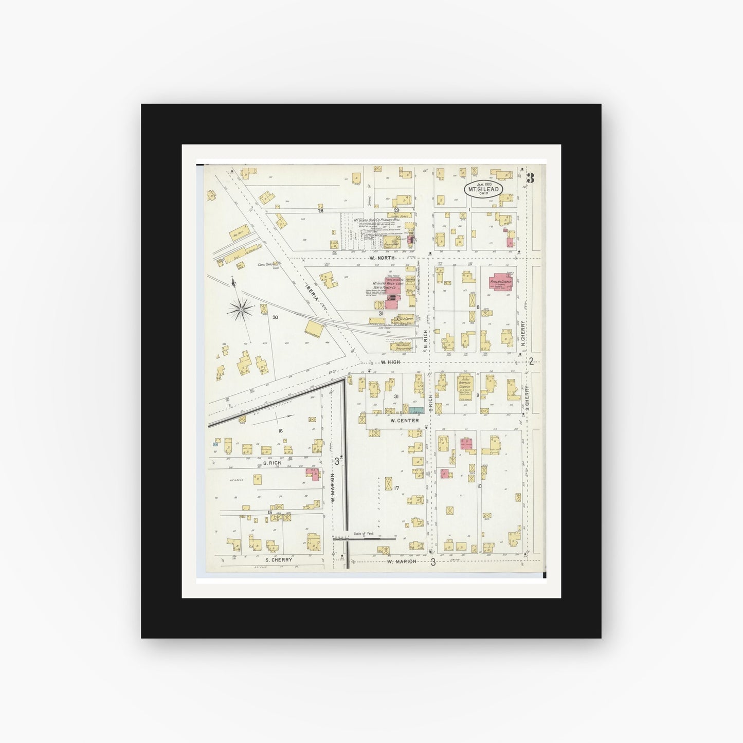 Old map wall art mockup — black gallery frame with white mat — Sanborn Fire Insurance Map from Mount Gilead, Morrow County, Ohio (1903), Sheet #0003