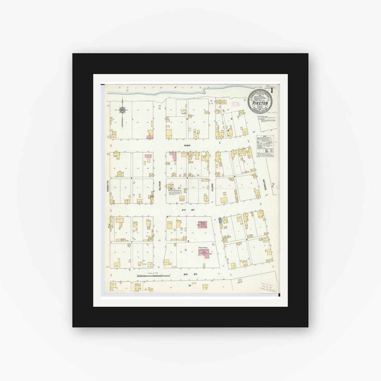 Old map wall art mockup — black gallery frame with white mat — Sanborn Fire Insurance Map from Piketon, Pike County, Ohio (1911) - Complete Map Set