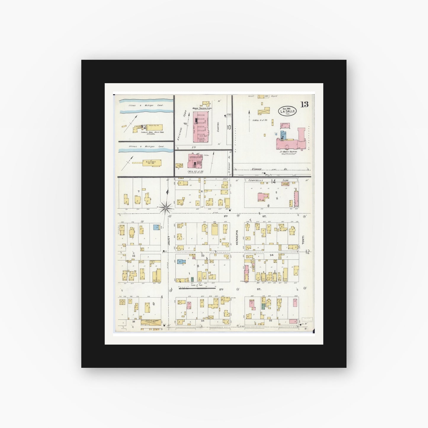 Old map wall art mockup — black gallery frame with white mat — Sanborn Fire Insurance Map from La Salle, La Salle County, Illinois (1906), Sheet #0013