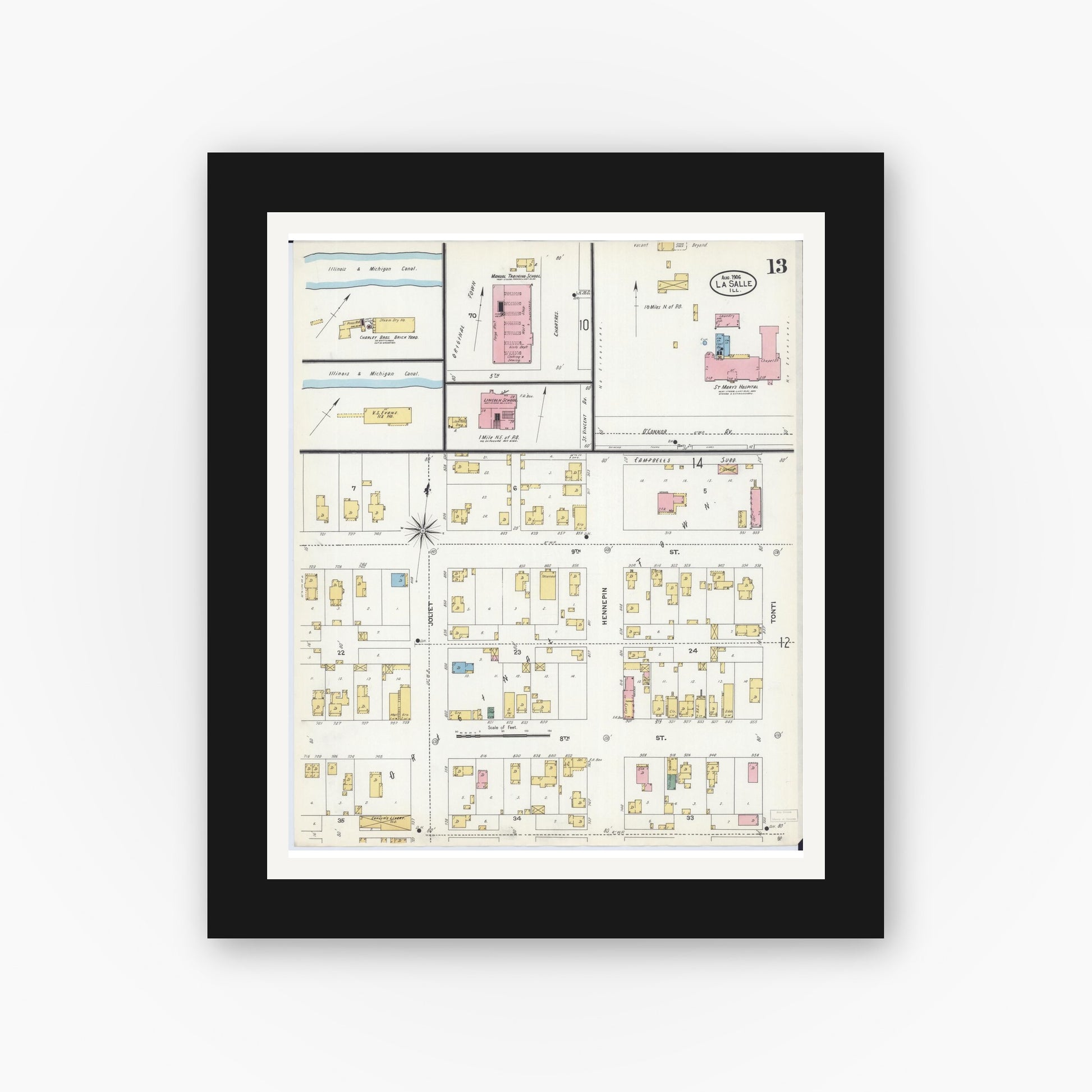 Old map wall art mockup — black gallery frame with white mat — Sanborn Fire Insurance Map from La Salle, La Salle County, Illinois (1906), Sheet #0013